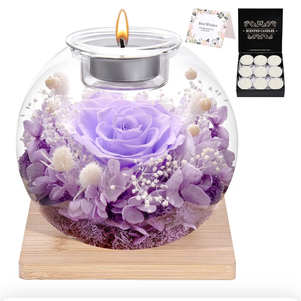 Preserved Forever Rose in Glass Dome with 18 Scented Candles Gift Set